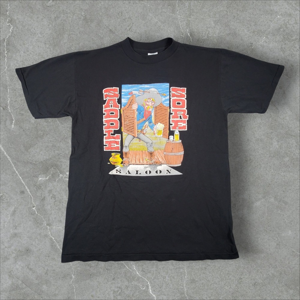 Saddle Sore Saloon Shirt Mens Large Black Vintage 1994 Single Stitch Biker 90s